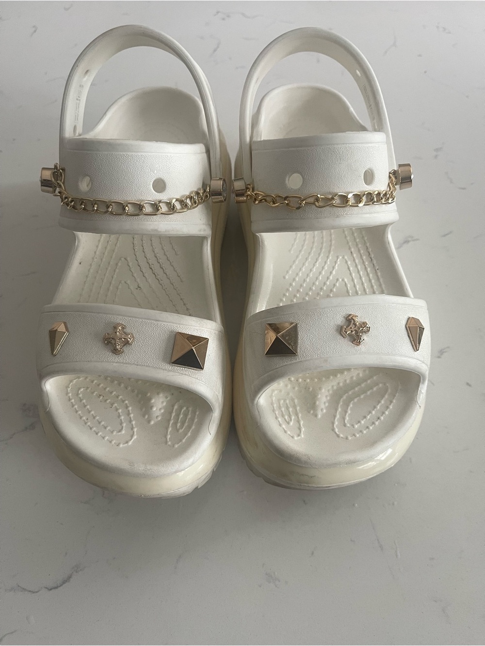 CROCS White Platform Sandals with Gold Chain & Stud Accents